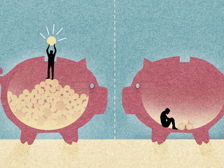 Illustration zweier Sparschweine im Profil. In dem einen sitzt ein Männchen mit sehr viel Geld, in dem anderen ein Männchen mit so gut wie keinem Geld.