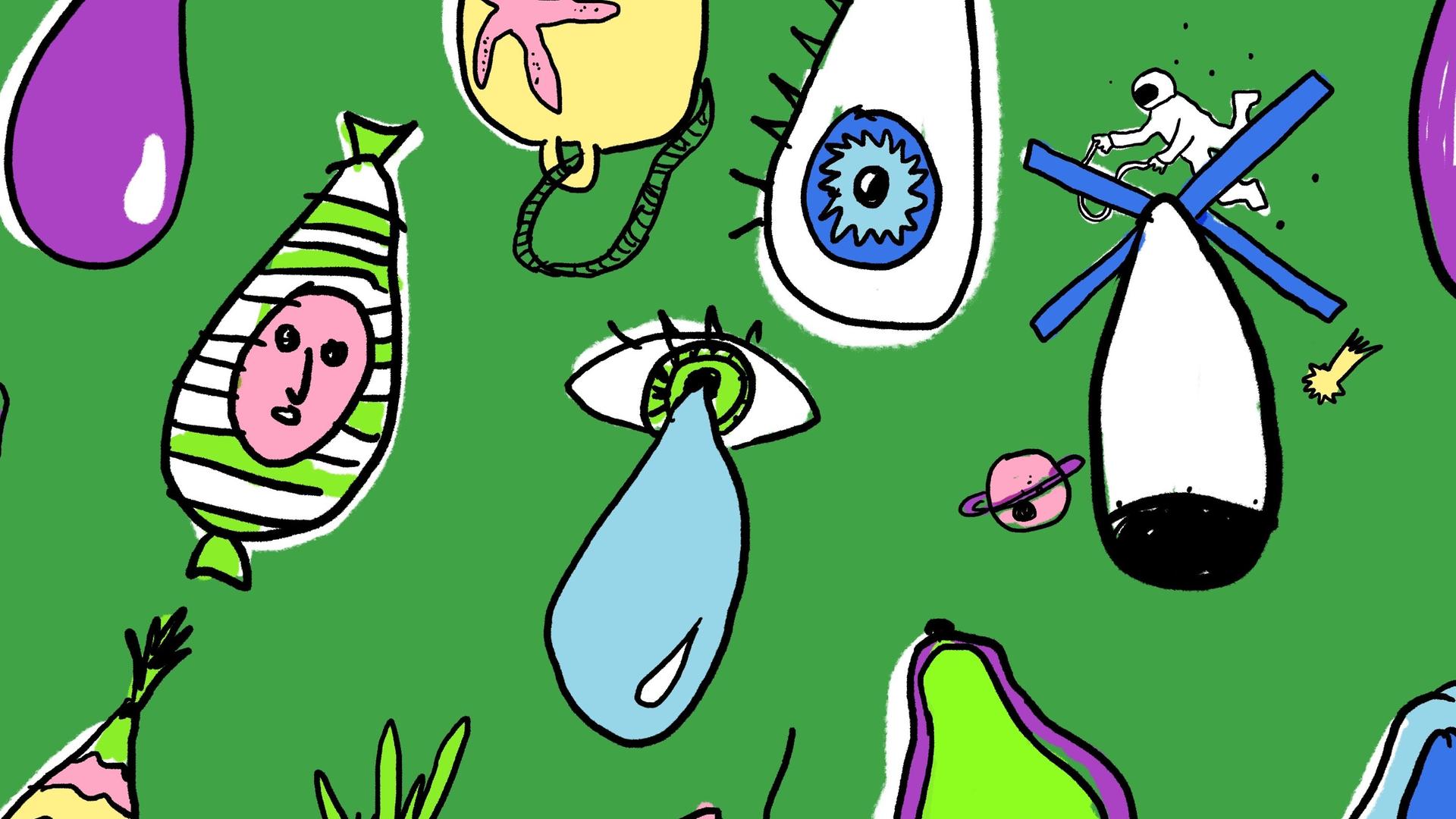 Illustration bunter doku drops vor grünem Hintergrund Illustration bunter doku drops vor grünem Hintergrund