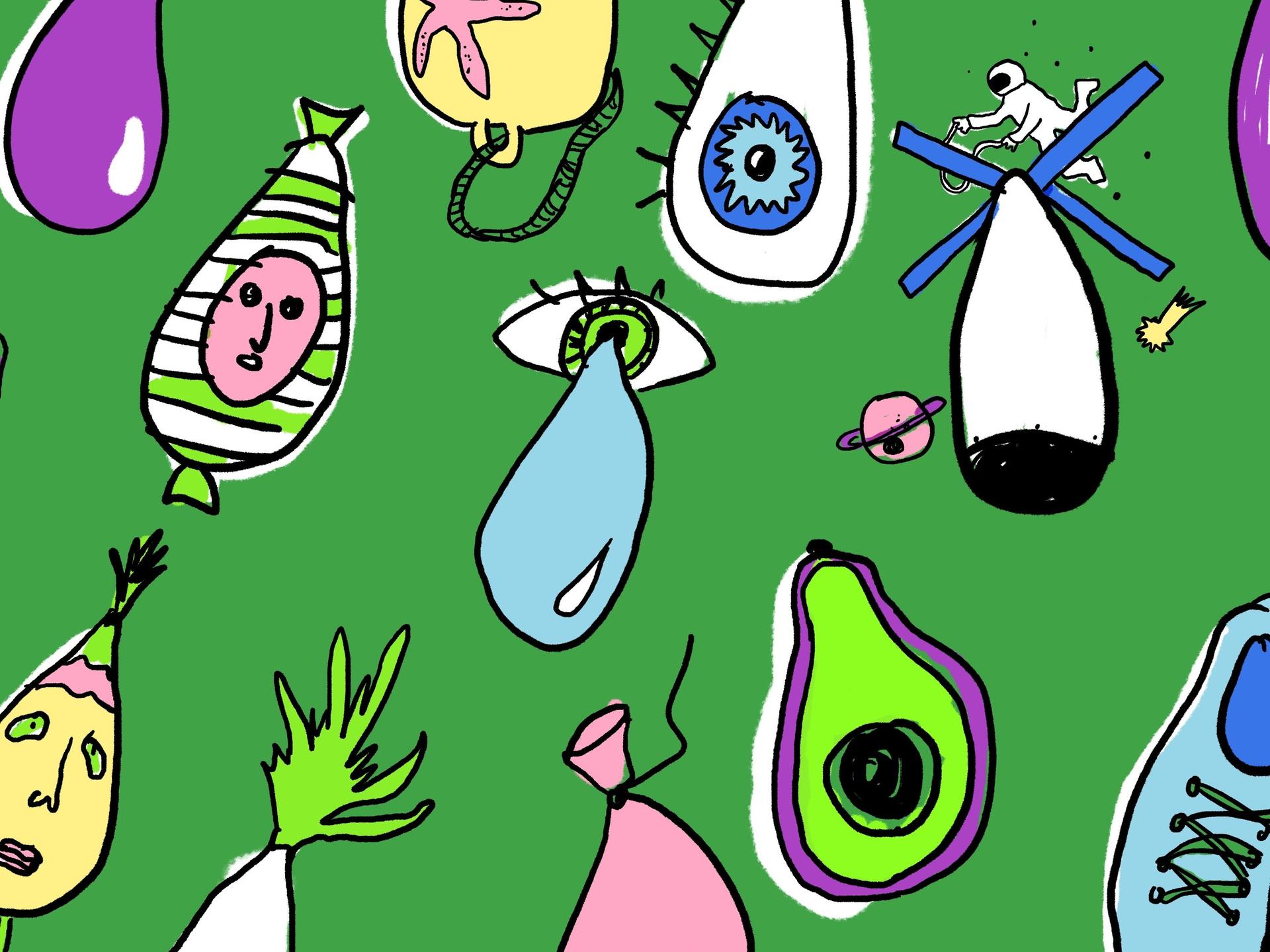 Illustration bunter doku drops vor grünem Hintergrund