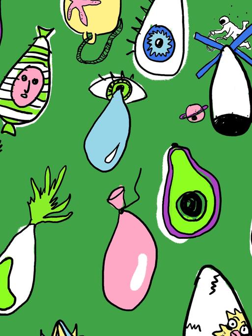 Illustration bunter doku drops vor grünem Hintergrund
