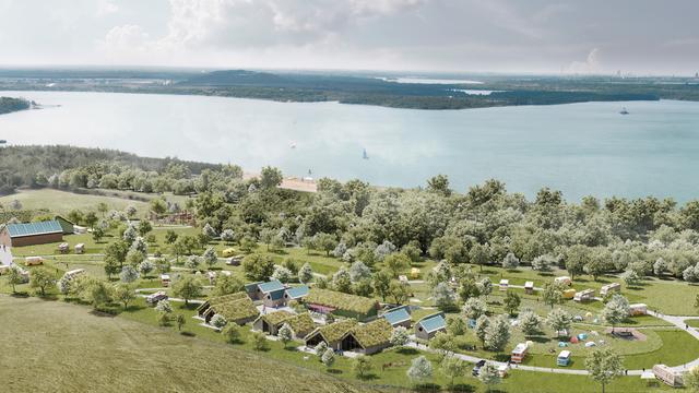 Dieses Bild ist mit dem Computer gemacht. Es zeigt den geplanten Camping--Platz von oben. Im Hintergrund ist der See.