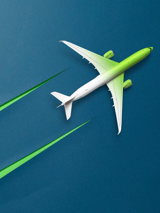 Illustration: Grün-weißes Flugzeug mit grünen Kondensstreifen in Form eines ausgeschnittenen Kartons.