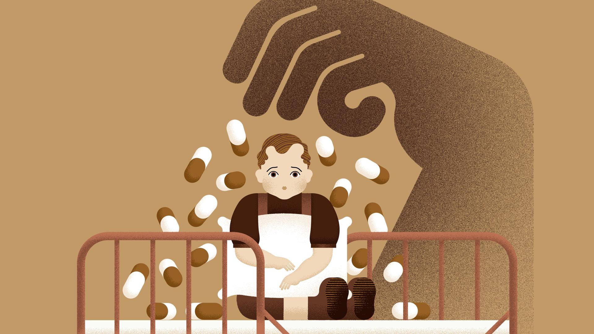 Abstrakte Zeichnung eines Kindes, das auf einem altmodischen Heimbett hockt, über ihm eine krallenartig bedrohende riesige Hand in Schattenanmutung, die überdimensionale Pillen auf das Bett streut
