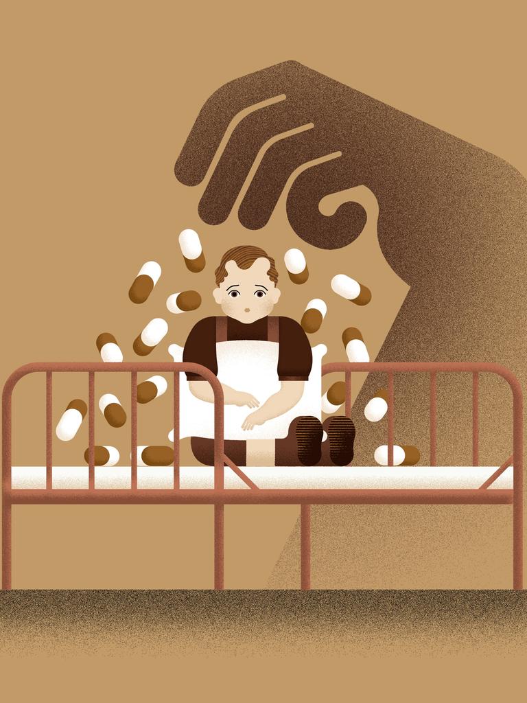 Abstrakte Zeichnung eines Kindes, das auf einem altmodischen Heimbett hockt, über ihm eine krallenartig bedrohende riesige Hand in Schattenanmutung, die überdimensionale Pillen auf das Bett streut