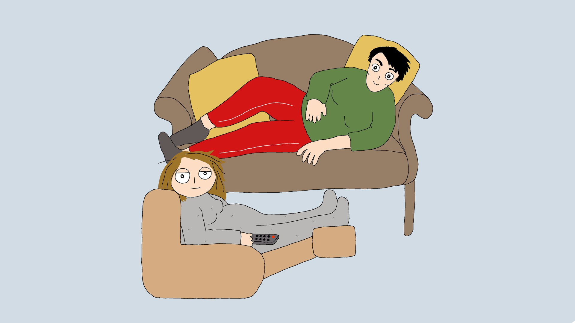Illustration von zwei Frauen, die auf sofas liegen, eine hält eine Fernbedienung in der Hand