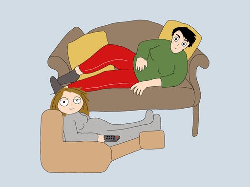 Illustration von zwei Frauen, die auf sofas liegen, eine hält eine Fernbedienung in der Hand