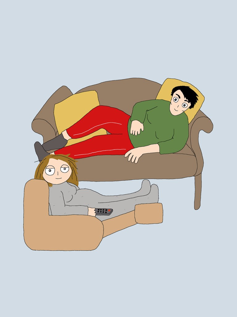 Illustration von zwei Frauen, die auf sofas liegen, eine hält eine Fernbedienung in der Hand