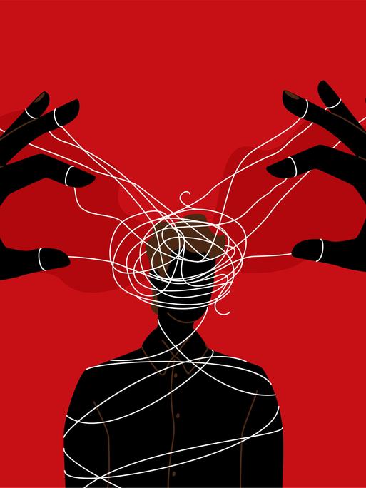 Illustration von Händen, die über viele verworrene Strippen die Silhouette eines Mannes kontrollieren. Illustration von Händen, die über viele verworrene Strippen die Silhouette eines Mannes kontrollieren.
