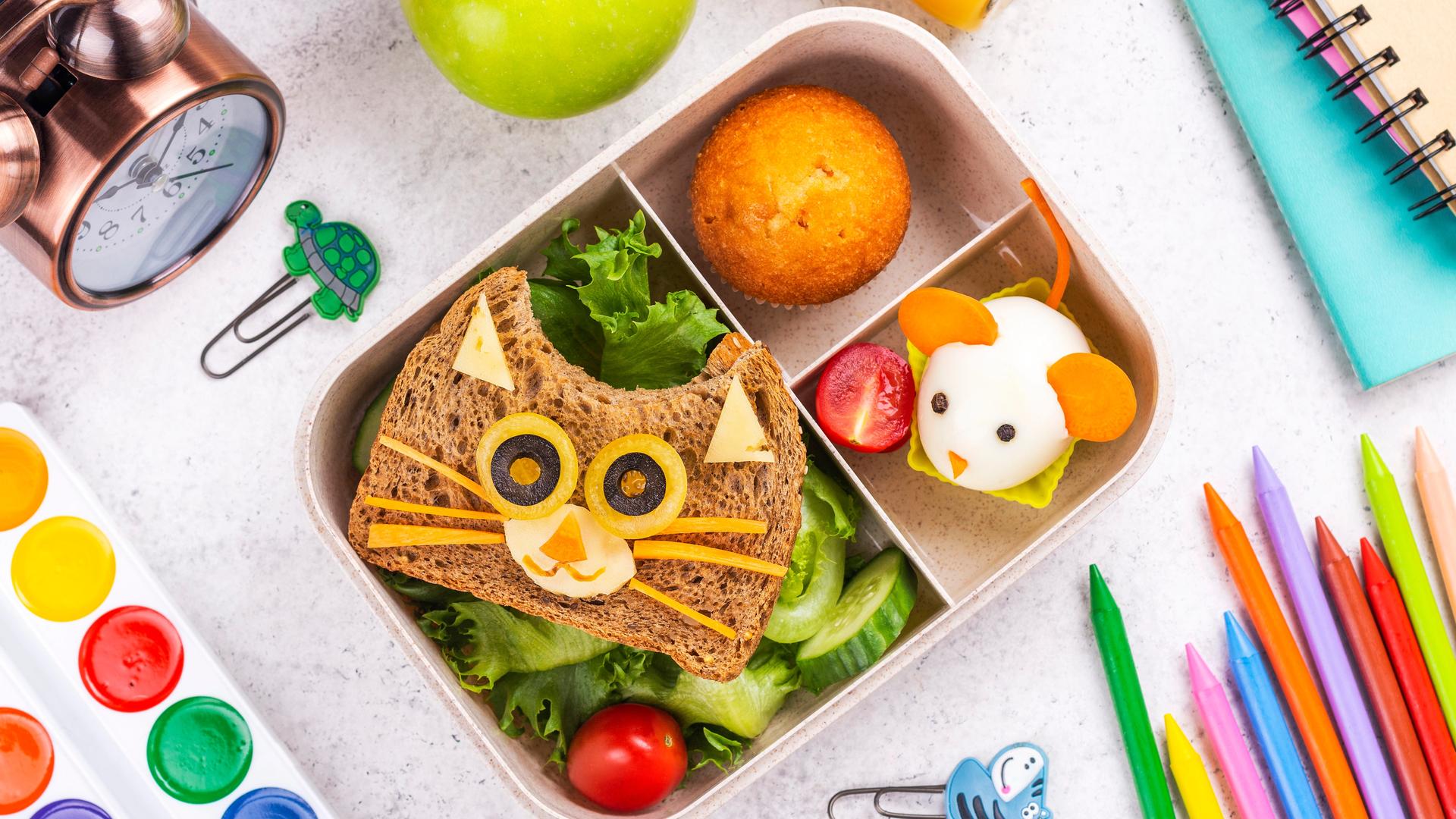 Kinder-Brotdose mit süßem Katzen-Sandwich, Muffin und Maus aus gekochtem Ei. 