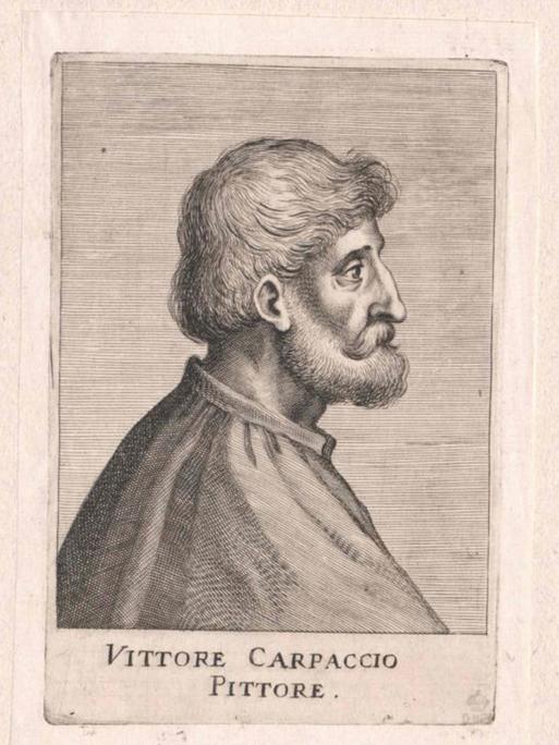 Der Maler Vittore Carpaccio auf einer undatierten Abbildung. Er ist im Profil abgebildet und schaut nach rechts aus dem Bild. Er trägt einen Vollbart.