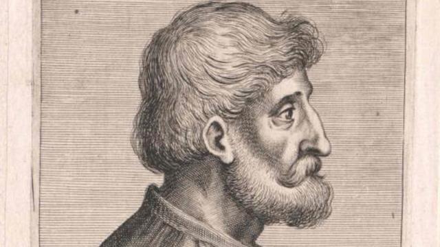 Der Maler Vittore Carpaccio auf einer undatierten Abbildung. Er ist im Profil abgebildet und schaut nach rechts aus dem Bild. Er trägt einen Vollbart.