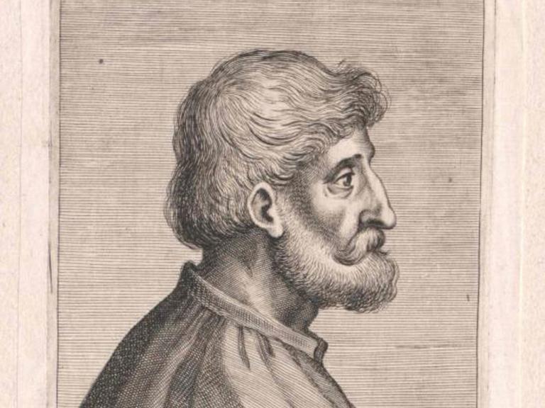 Der Maler Vittore Carpaccio auf einer undatierten Abbildung. Er ist im Profil abgebildet und schaut nach rechts aus dem Bild. Er trägt einen Vollbart.