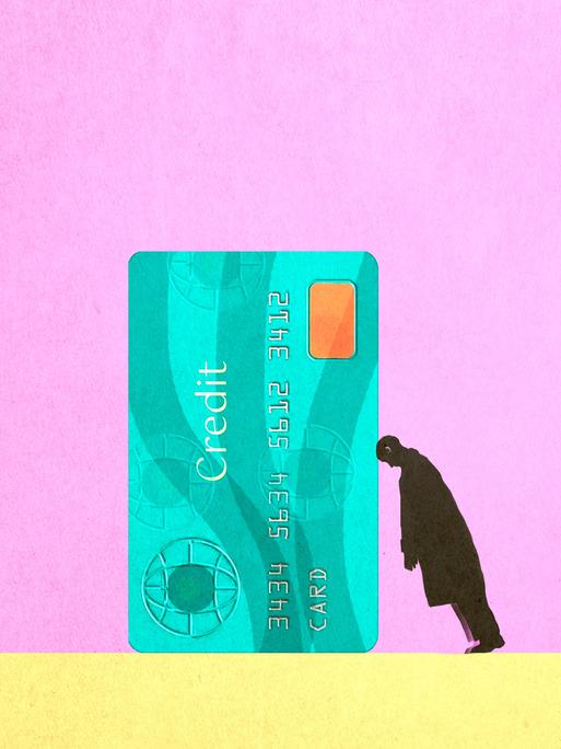 Silhouette eines Mannes, der sich mit seinem Kopf an eine übergroße Kreditkarte stützt.