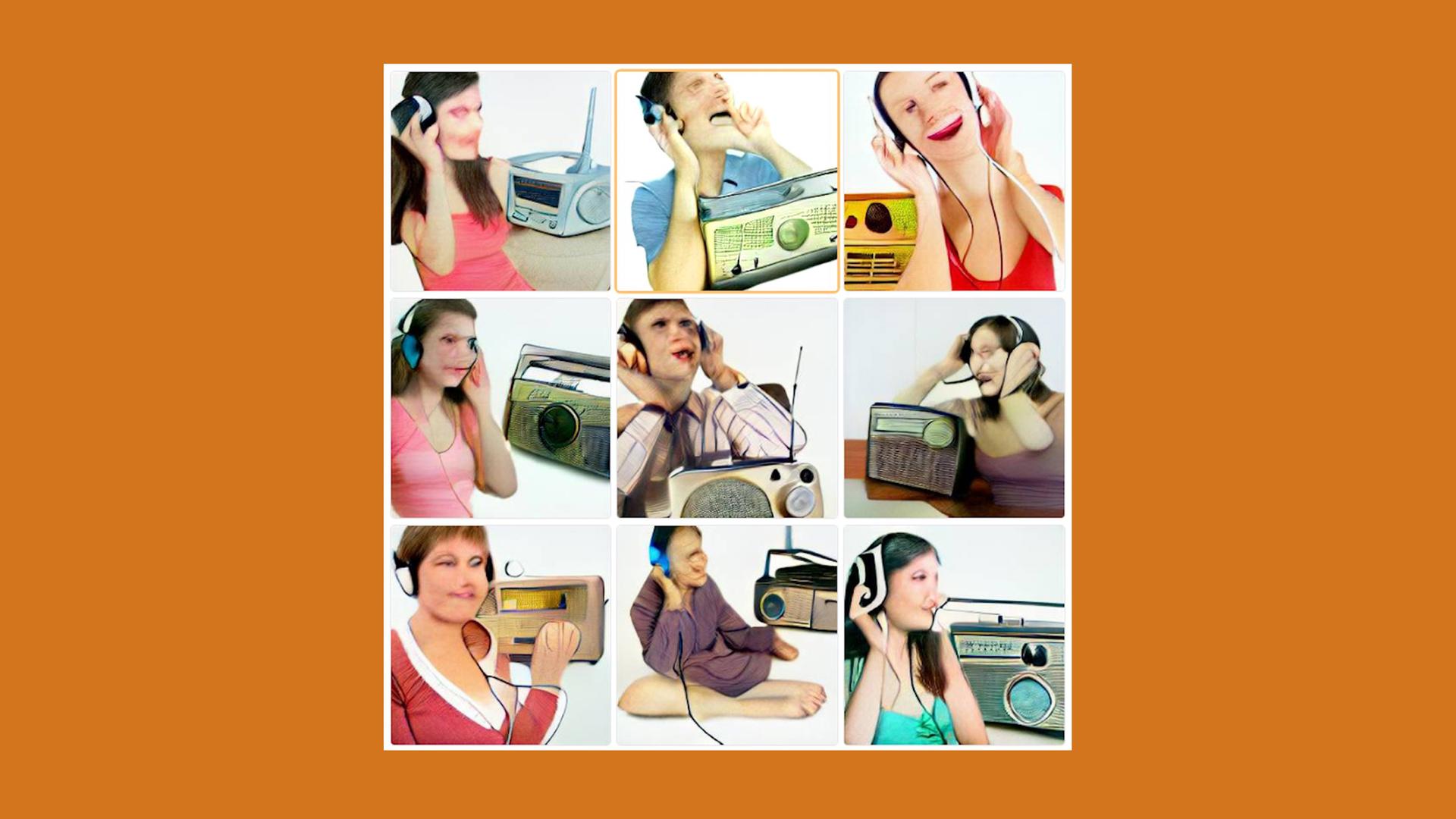 DALL·E Ergebnis nach Eingabe von "listening to the radio". Künstliche Personen mit Kopfhörern und Radios in einem Raster angeordnert auf orange farbigem Hintergrund.