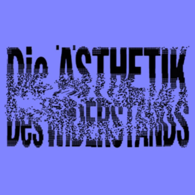 Der Titel "Ästhetik des Widerstands" in schwarzen Buchstaben vor lilanem Hintergrund, die Schrift löst sich zur Mitte hin auf. Der Titel "Ästhetik des Widerstands" in schwarzen Buchstaben vor lilanem Hintergrund, die Schrift löst sich zur Mitte hin auf.