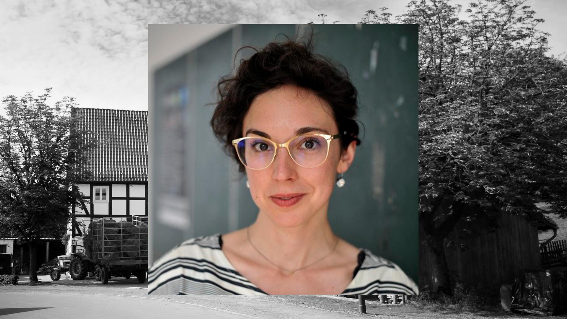 Bild in Bild: Vorn ein Porträt der Historikerin Veronika Settele. Hintergrund: Bauernhofszenerie in schwarz-weiß.