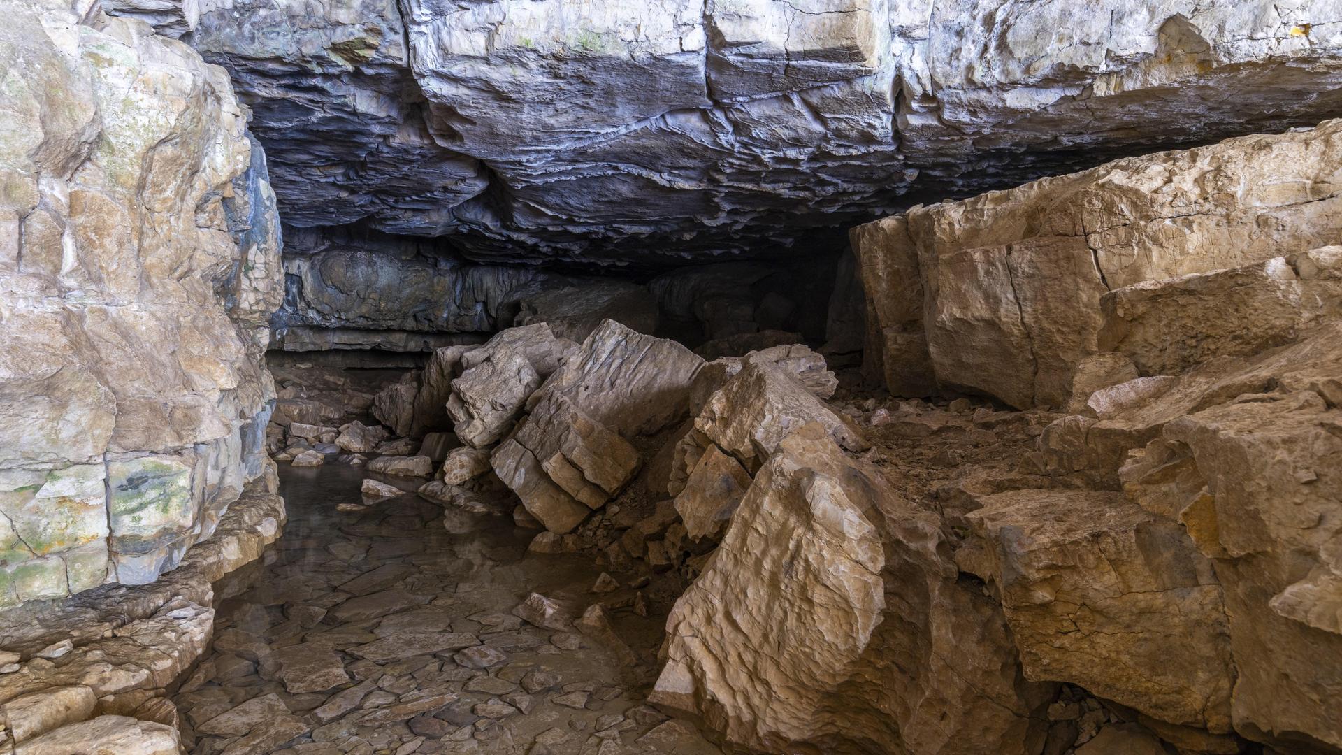 Blick in eine Höhle auf der Schwäbischen Alb in Baden-Württemberg.