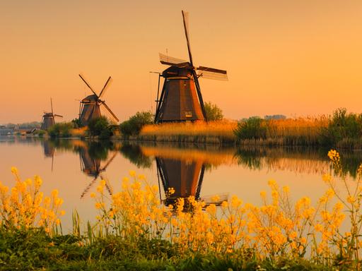 Die zum UNESCO-Welterbe zählenden Windmühlen von Kinderdijk bei Sonnenaufgang über den Kanal hinweg aufgenommen. Die zum UNESCO-Welterbe zählenden Windmühlen von Kinderdijk bei Sonnenaufgang über den Kanal hinweg aufgenommen.