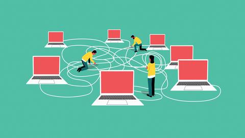 Eine Illustration zeigt mehrere mit einem Kabel verbundene Laptops, drumherum stehen einige Figuren.