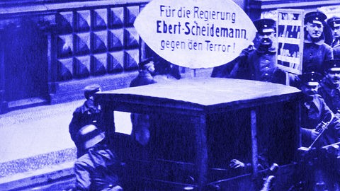 Wahlplakat mit der Aufschrift „Für die Regierung Ebert - Scheidemann, gegen Terror“, das Bild ist violett eingefärbt