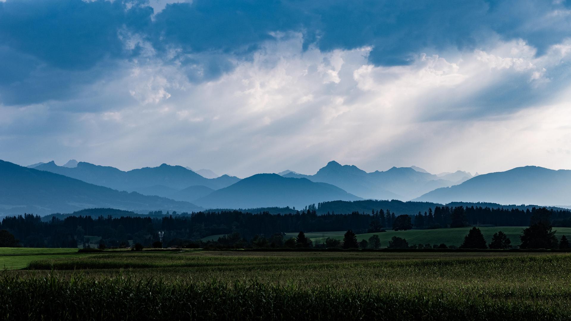 Blick auf die Alpen, im Vordergrund grüne weite Wiesen, im Hintergrund die Alpen in vielen blauen Schattierungen. Blick auf die Alpen, im Vordergrund grüne weite Wiesen, im Hintergrund die Alpen in vielen blauen Schattierungen.