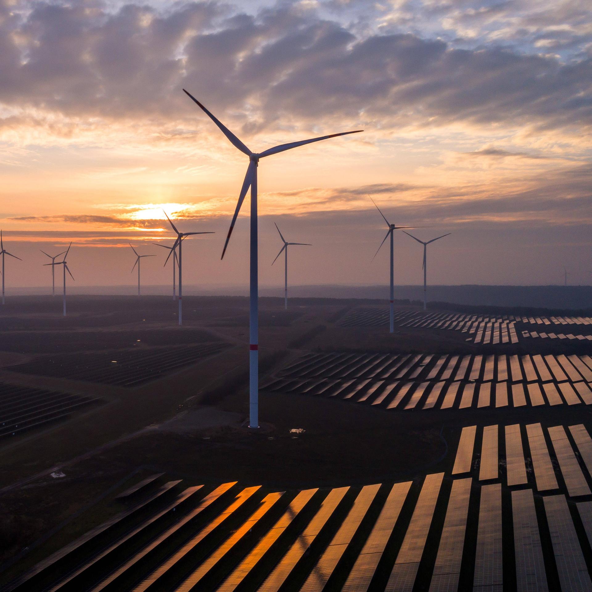 Solaranlagen und Windräder sind im Energiepark Lausitz bei Klettwitz bei Sonnenuntergang zu sehen. Der Energiepark Lausitz verfügt ueber eine installierte Gesamtleistung Solar von 300 Megawatt. Er ist eines der bislang größten Solarprojekte Deutschlands.