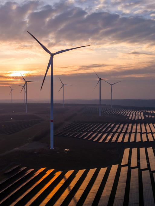 Solaranlagen und Windräder sind im Energiepark Lausitz bei Klettwitz bei Sonnenuntergang zu sehen. 