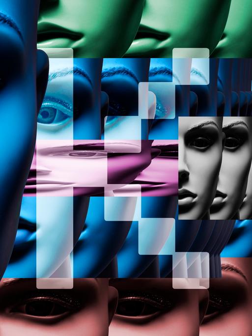 Gesicht einer Schaufensterpuppe mit Schriftzug KI, Symbolfoto Künstliche Intelligenz (Fotomontage)