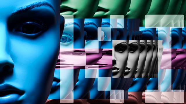 Gesicht einer Schaufensterpuppe mit Schriftzug KI, Symbolfoto Künstliche Intelligenz (Fotomontage)