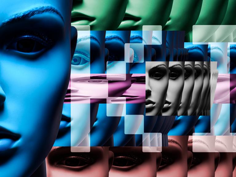 Gesicht einer Schaufensterpuppe mit Schriftzug KI, Symbolfoto Künstliche Intelligenz (Fotomontage)