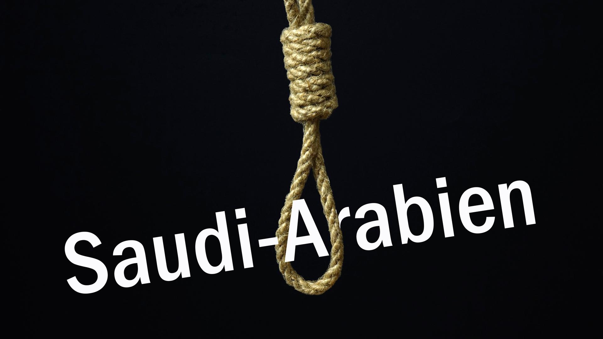 Fotomontage: Das Wort "Saudi-Arabien" in weißer Schrift ist in eine Galgenschlinge aus Strick montiert. Dahinter ein schwarzer Hintergrund. Fotomontage: Das Wort "Saudi-Arabien" in weißer Schrift ist in eine Galgenschlinge aus Strick montiert. Dahinter ein schwarzer Hintergrund.