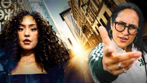 Coverbild des Hörspiels "Lamyas Buch der Scharlatane": Die Rapperin Kauta in Frankfurt bei Sonnenaufgang.