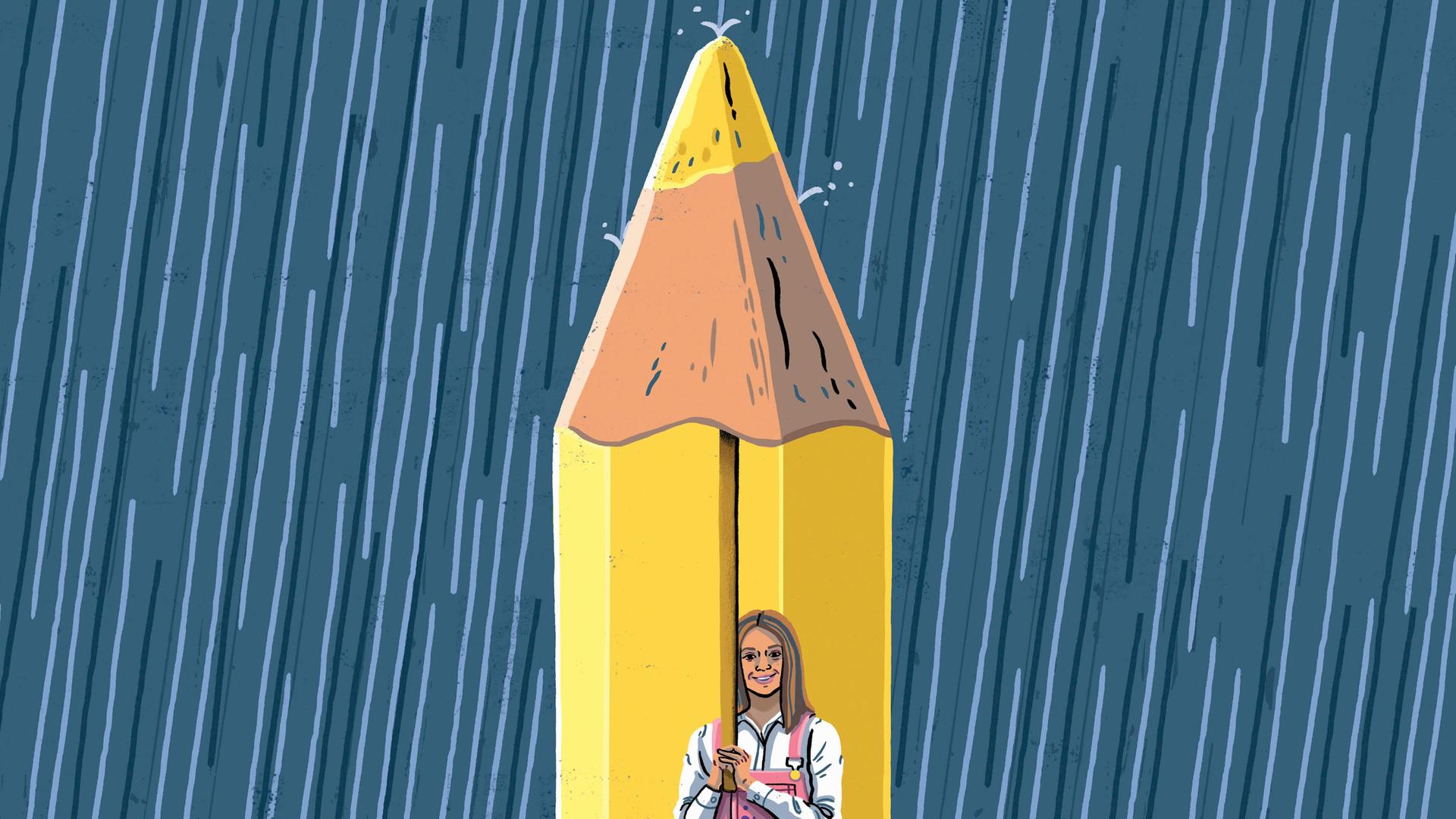 Illustration: Eine Malerin schützt sich unter einem großen Schirm in Form eines Bleistifts vor starkem Regen. 