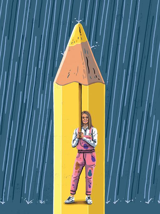 Illustration: Eine Malerin schützt sich unter einem großen Schirm in Form eines Bleistifts vor starkem Regen. 