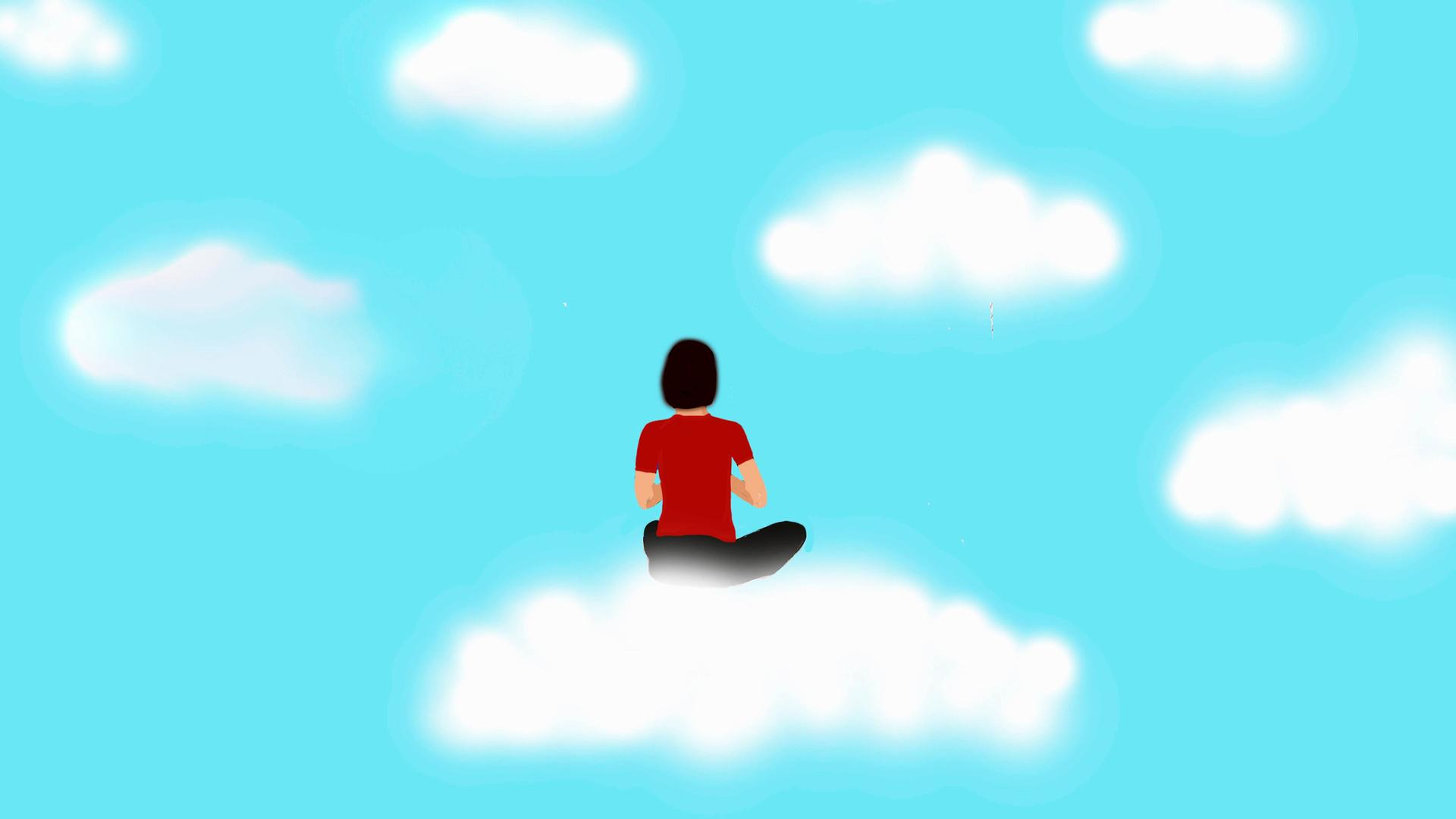 Zeichnung einer Frau, die meditierend auf einer Wolke sitzt.