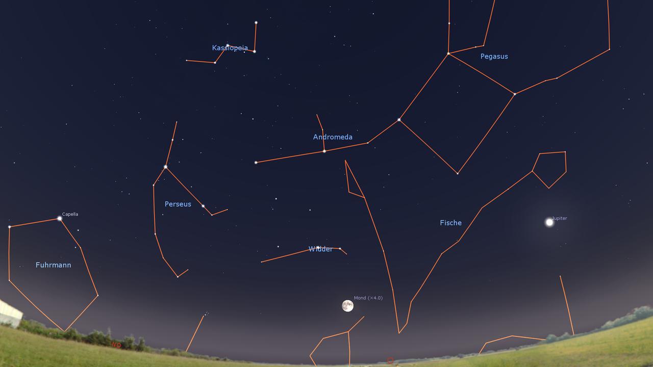 Der fast volle Mond leuchtet gegen 18 Uhr tief am Osthimmel – von der morgigen Finsternis ist nichts zu ahnen. Der fast volle Mond leuchtet gegen 18 Uhr tief am Osthimmel – von der morgigen Finsternis ist nichts zu ahnen.