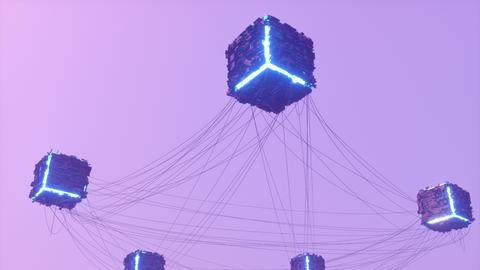 Digital gerendertes Bild von Datenwürfeln, die mit Kabeln untereinander verbunden sind, vor violettem Hintergrund.