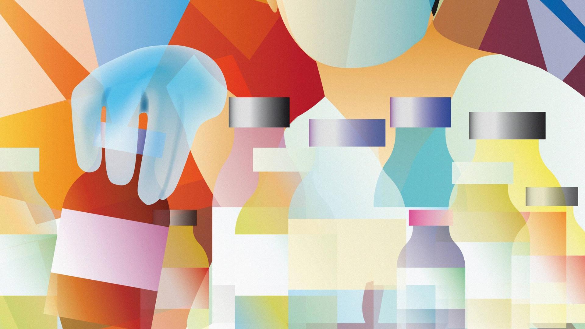Illustration: Eine Apothekerin mit vielen farbigen Arzneiflaschen im Regal, sie greift nach einem Medikament.