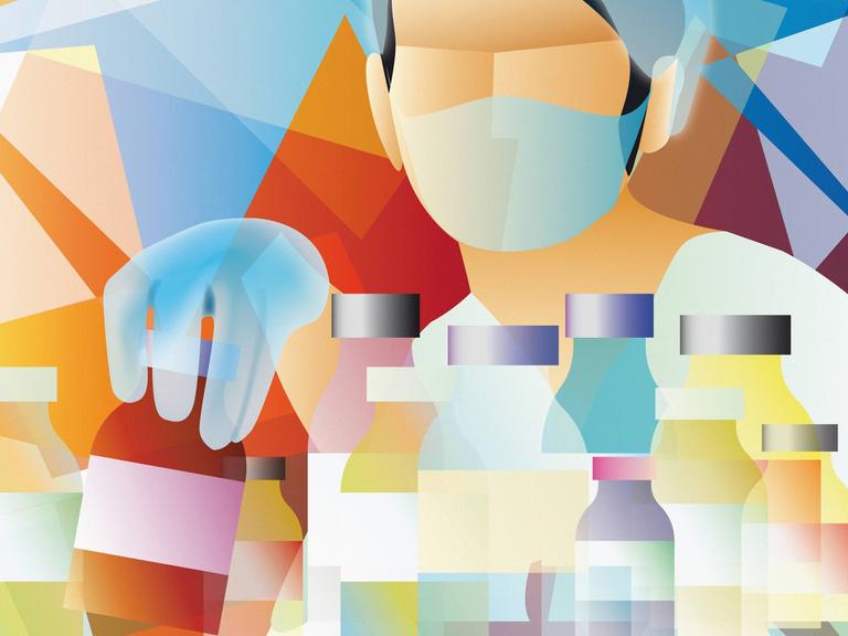 Illustration: Eine Apothekerin mit vielen farbigen Arzneiflaschen im Regal, sie greift nach einem Medikament.