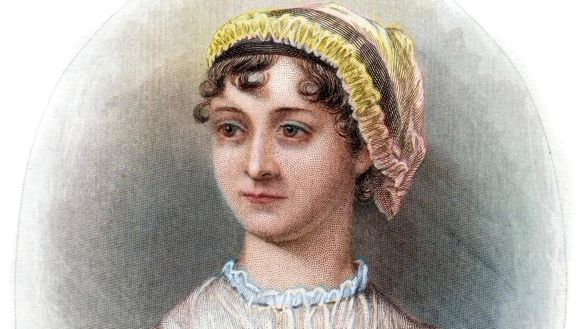 Eine farbige Radierung zeigt ein Porträt der Schriftstellerin Jane Austen. Eine farbige Radierung zeigt ein Porträt der Schriftstellerin Jane Austen.