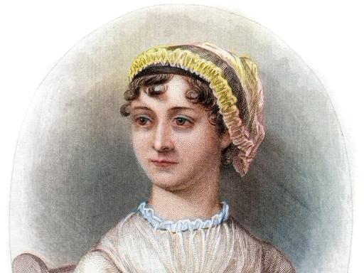 Eine farbige Radierung zeigt ein Porträt der Schriftstellerin Jane Austen.