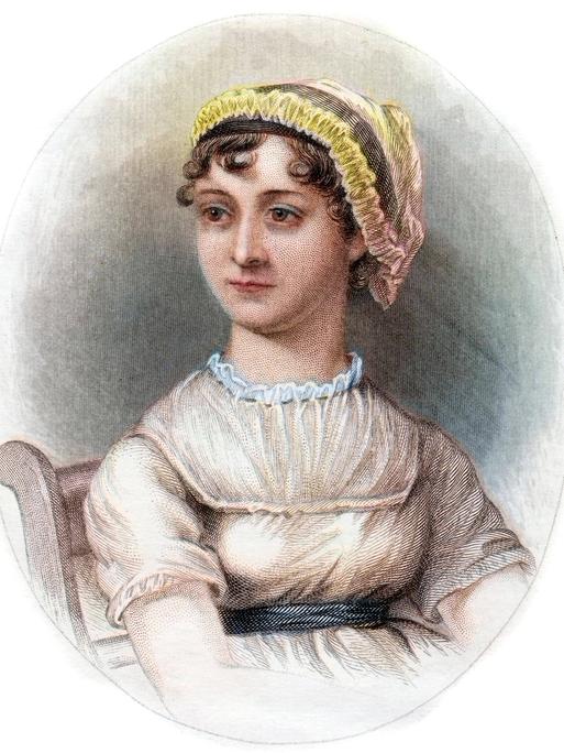 Eine farbige Radierung zeigt ein Porträt der Schriftstellerin Jane Austen.
