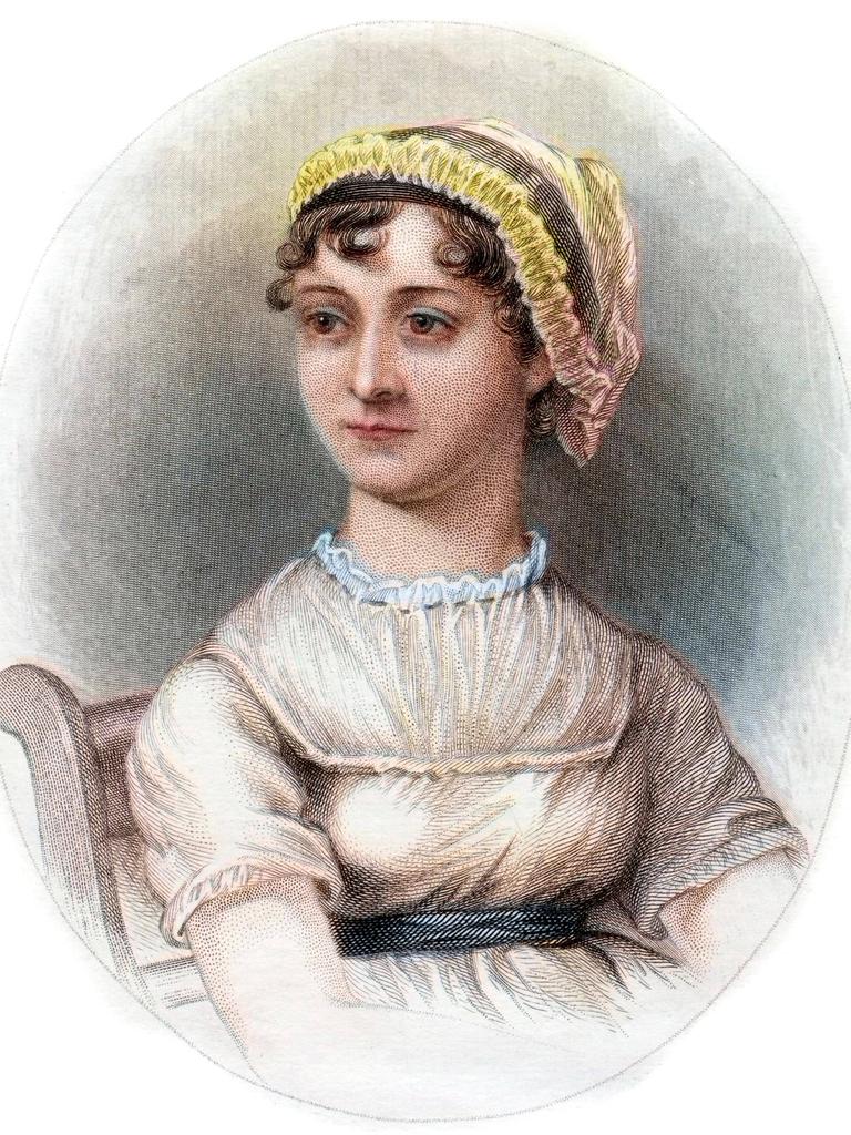 Eine farbige Radierung zeigt ein Porträt der Schriftstellerin Jane Austen.