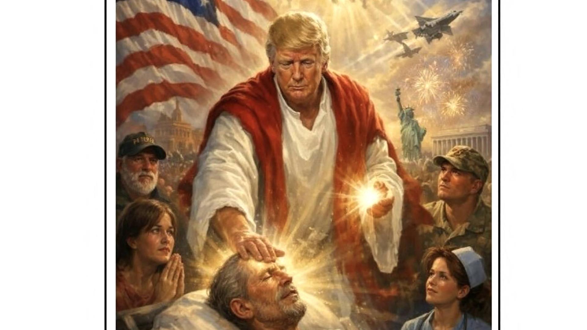 Präsident Donald Trump trägt weiße Kleidung. Er legt seine Hand auf die Stirn eines Mannes. Unter seinen Händen leuchten goldene Lichter. Das Bild sieht aus wie ein Gemälde.