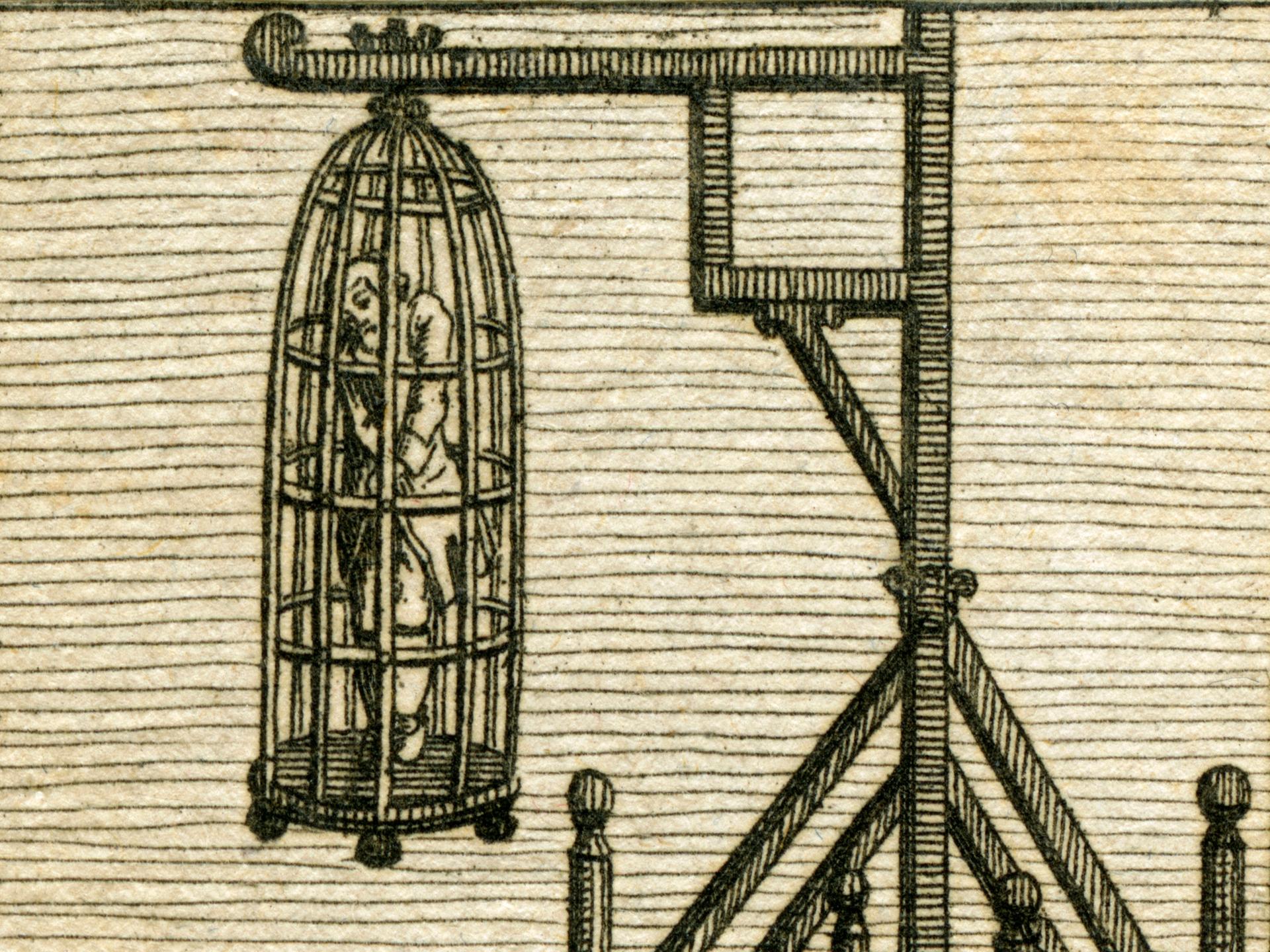 Kupferstich aus : J.S. Stoy , Bilder - Akademie für die Jugend , Band 2 , Nürnberg , 1784, gestochen von Johann Georg Penzel
Er zeigt den Käfig, in dem der Leichnam von Joseph Süßkind Oppenheimer öffentlich zur Schau gestellt wurde. 