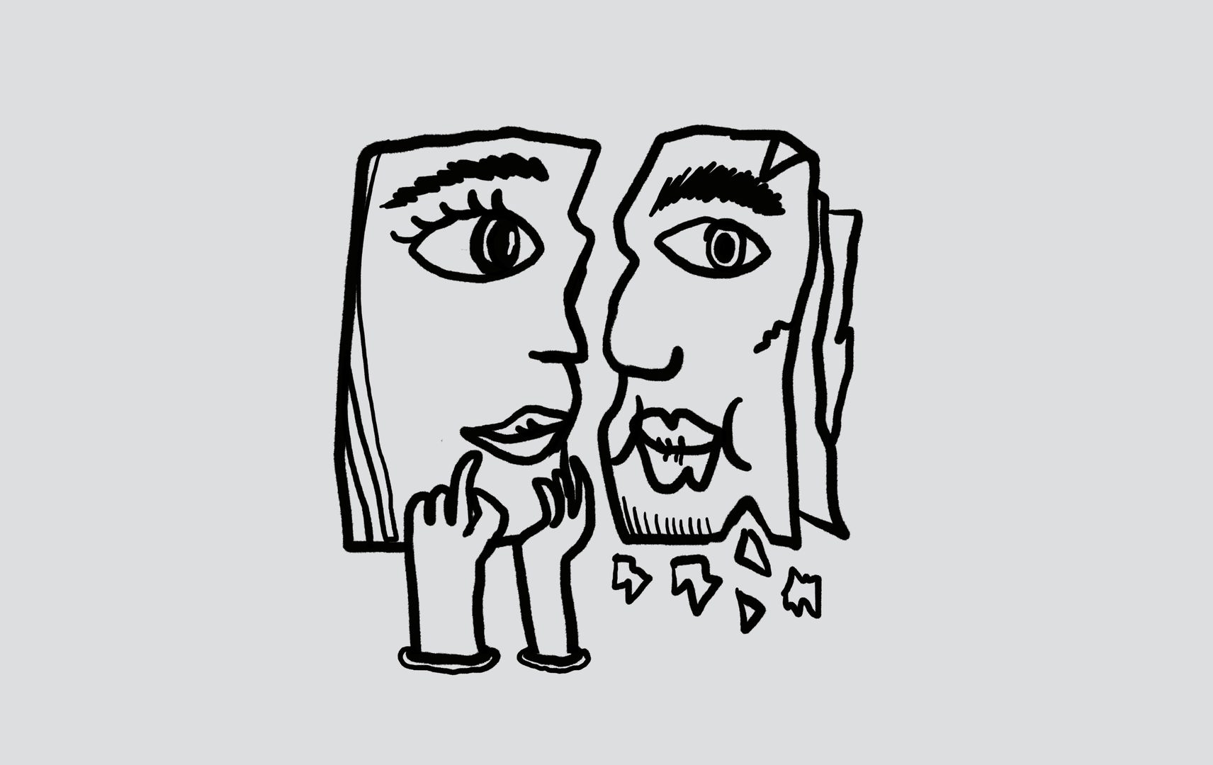 Skizze von zwei nebeneinanderstehenden Gesichtsprofilien, einander zugewabdt, das linke wird von zwei Händen gestützt, das rechte sieht so als, als würde etwas davon abbröckeln