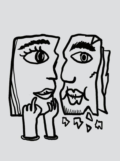 Skizze von zwei nebeneinanderstehenden Gesichtsprofilien, einander zugewabdt, das linke wird von zwei Händen gestützt, das rechte sieht so als, als würde etwas davon abbröckeln Skizze von zwei nebeneinanderstehenden Gesichtsprofilien, einander zugewabdt, das linke wird von zwei Händen gestützt, das rechte sieht so als, als würde etwas davon abbröckeln