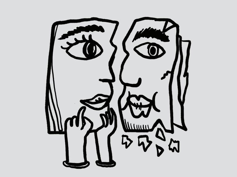 Skizze von zwei nebeneinanderstehenden Gesichtsprofilien, einander zugewabdt, das linke wird von zwei Händen gestützt, das rechte sieht so als, als würde etwas davon abbröckeln