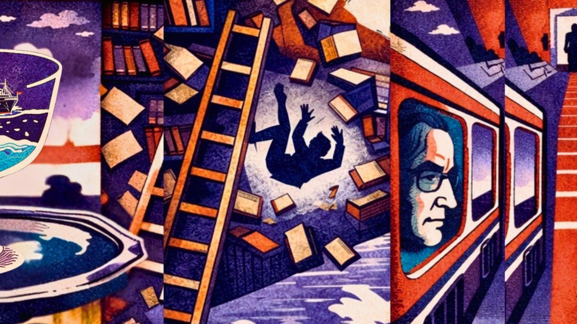 Geteiltes Bild: Ein Weinglas, darin ein Schiff. Ein Mann fällt von der Leiter in einem Bücherregal. Ein Mann schaut aus dem Fenster eines Zuges.