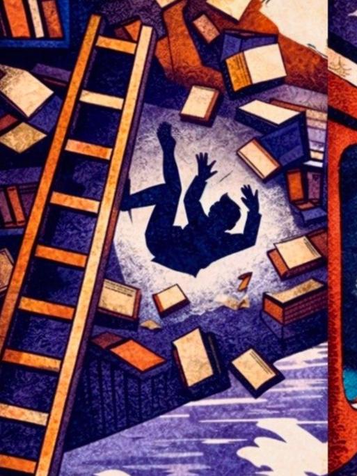 Geteiltes Bild: Ein Weinglas, darin ein Schiff. Ein Mann fällt von der Leiter in einem Bücherregal. Ein Mann schaut aus dem Fenster eines Zuges.